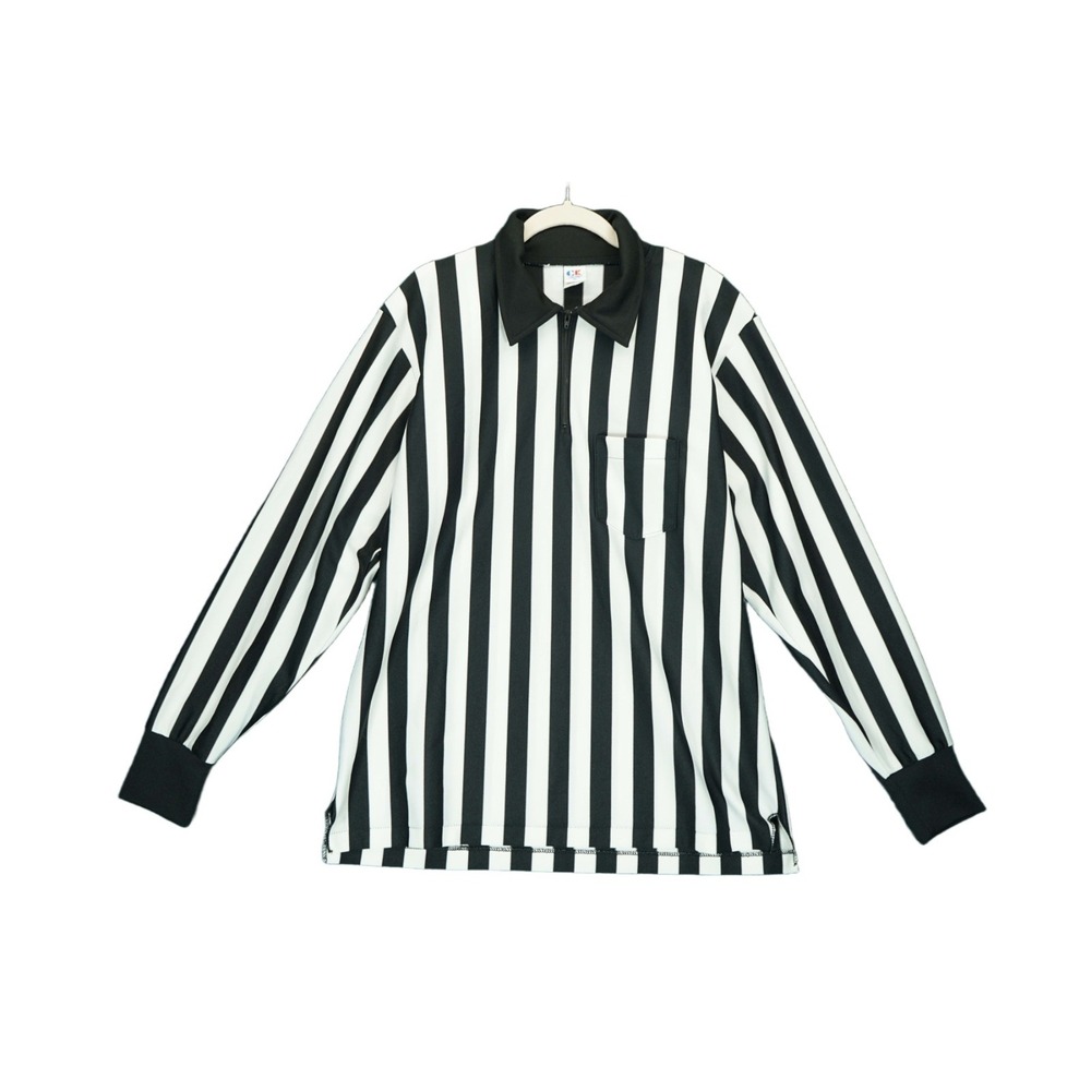 Vintage Cliff Keen Referee Long Sleeve Polo Men XL Black White Stripe Pocket